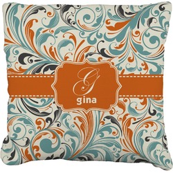 Orange & Blue Leafy Swirls Faux-Linen Throw Pillow 18" (Personalized)