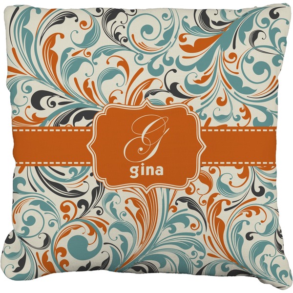 Custom Orange & Blue Leafy Swirls Faux-Linen Throw Pillow 18" (Personalized)