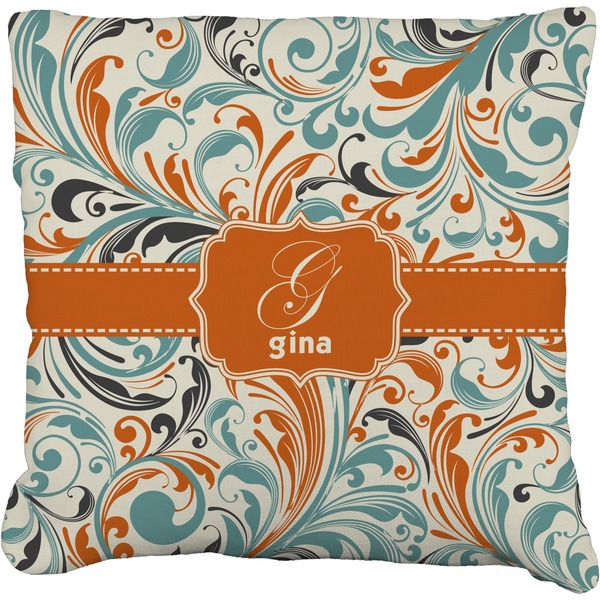 Custom Orange & Blue Leafy Swirls Faux-Linen Throw Pillow 20" (Personalized)