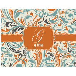 Orange & Blue Leafy Swirls Woven Fabric Placemat - Twill w/ Name and Initial