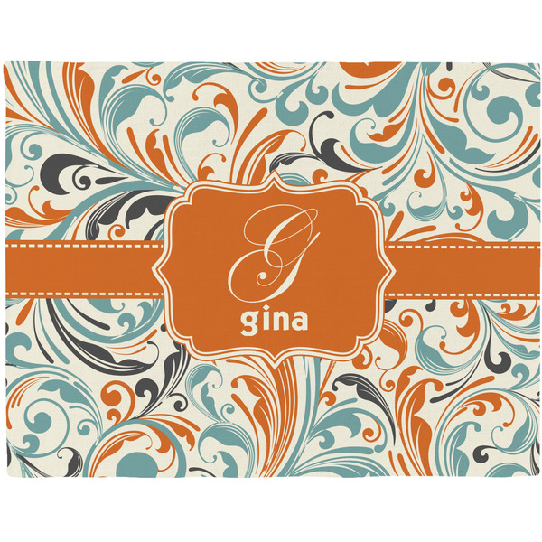 Custom Orange & Blue Leafy Swirls Woven Fabric Placemat - Twill w/ Name and Initial