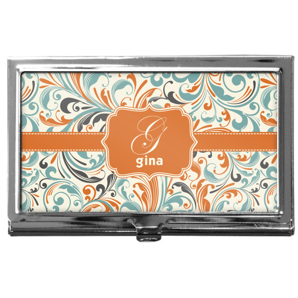 Custom Orange & Blue Leafy Swirls Business Card Case