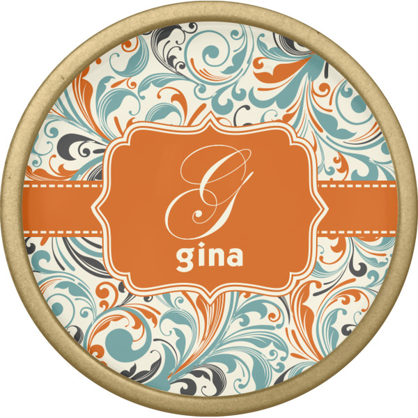 Orange & Blue Leafy Swirls Cabinet Knob - Gold - Front