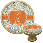 Orange & Blue Leafy Swirls Cabinet Knob - Gold (Personalized)