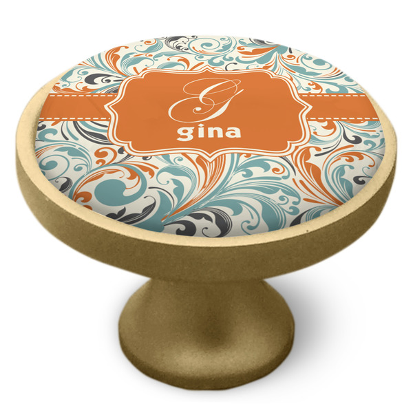 Orange & Blue Leafy Swirls Cabinet Knob - Gold - Side