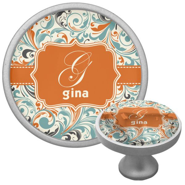 Custom Orange & Blue Leafy Swirls Cabinet Knob (Silver) (Personalized)
