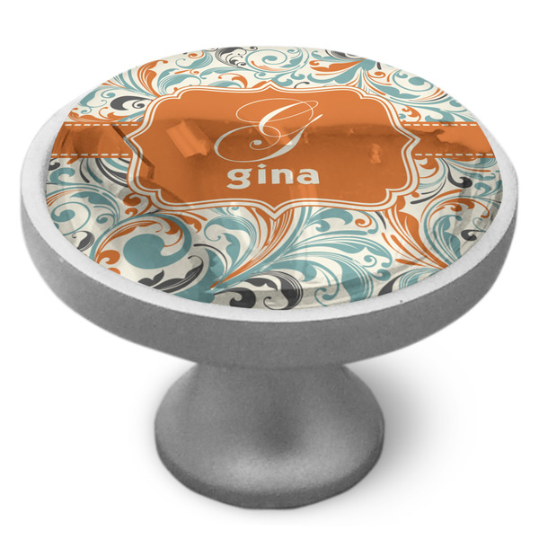 Orange & Blue Leafy Swirls Cabinet Knob - Nickel - Side