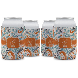 Orange & Blue Leafy Swirls Can Cooler (12 oz) - Set of 4 w/ Name and Initial