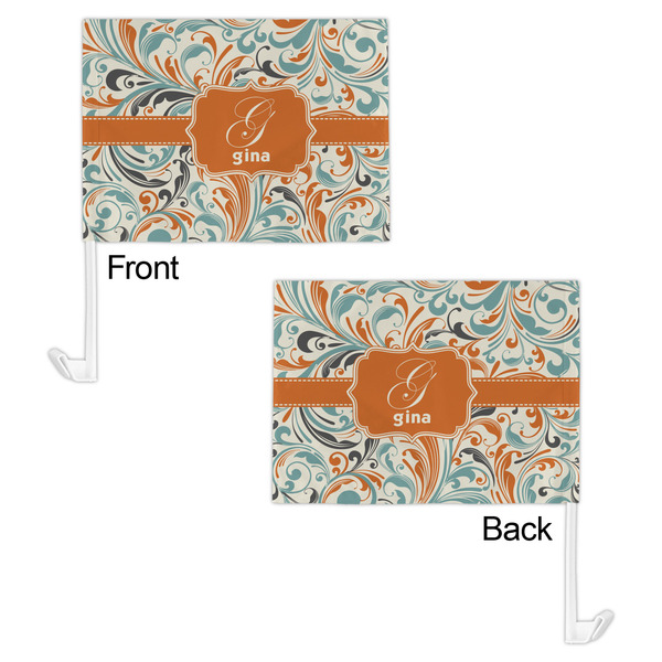 Orange & Blue Leafy Swirls Car Flag - 11" x 8" - Front & Back View