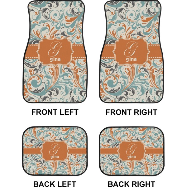 Orange & Blue Leafy Swirls Car Floor Mats Set (2F + 2B)