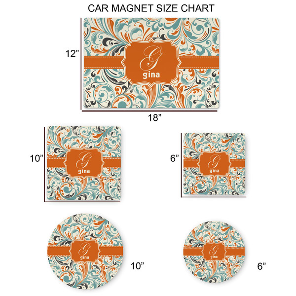 Orange & Blue Leafy Swirls Car Magnets - SIZE CHART