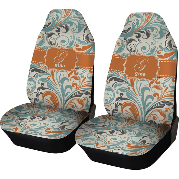 Custom Orange & Blue Leafy Swirls Car Seat Covers (Set of Two) (Personalized)