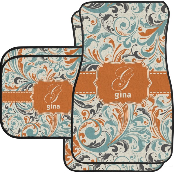 Custom Orange & Blue Leafy Swirls Car Floor Mats Set - 2 Front & 2 Back (Personalized)