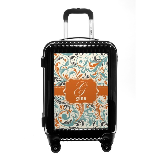 Custom Orange & Blue Leafy Swirls Carry On Hard Shell Suitcase (Personalized)