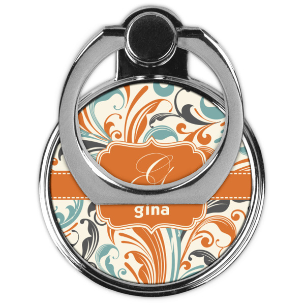 Orange & Blue Leafy Swirls Cell Phone Ring Stand & Holder - Front (Collapsed)