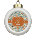 Orange & Blue Leafy Swirls Ceramic Ball Ornament (Personalized)