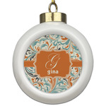 Orange & Blue Leafy Swirls Ceramic Ball Ornament (Personalized)