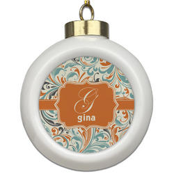 Orange & Blue Leafy Swirls Ceramic Ball Ornament (Personalized)