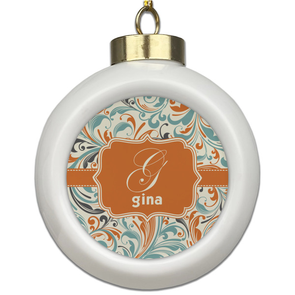 Custom Orange & Blue Leafy Swirls Ceramic Ball Ornament (Personalized)