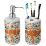 Orange & Blue Leafy Swirls Ceramic Bathroom Accessories Set (Personalized)