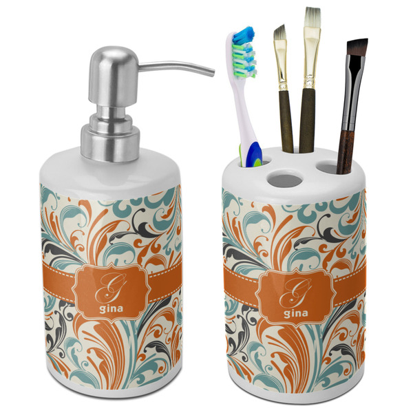 Custom Orange & Blue Leafy Swirls Ceramic Bathroom Accessories Set (Personalized)