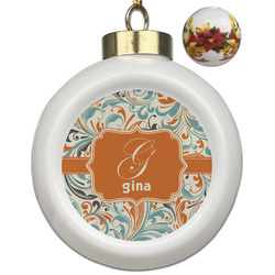 Orange & Blue Leafy Swirls Ceramic Ball Ornaments - Poinsettia Garland (Personalized)