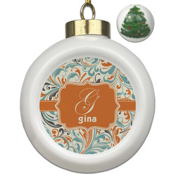 Orange & Blue Leafy Swirls Ceramic Ball Ornament - Christmas Tree (Personalized)