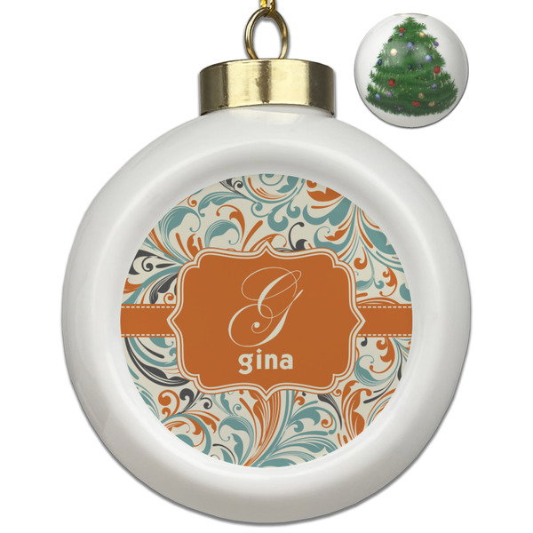 Custom Orange & Blue Leafy Swirls Ceramic Ball Ornament - Christmas Tree (Personalized)