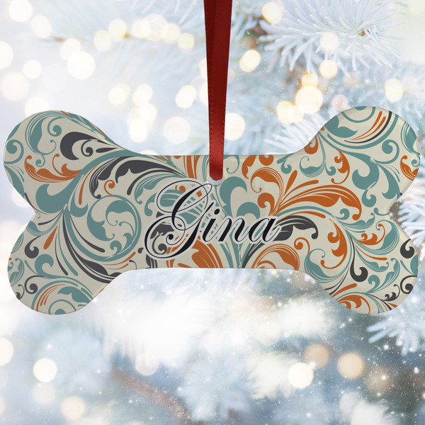 Custom Orange & Blue Leafy Swirls Ceramic Dog Ornament w/ Name and Initial