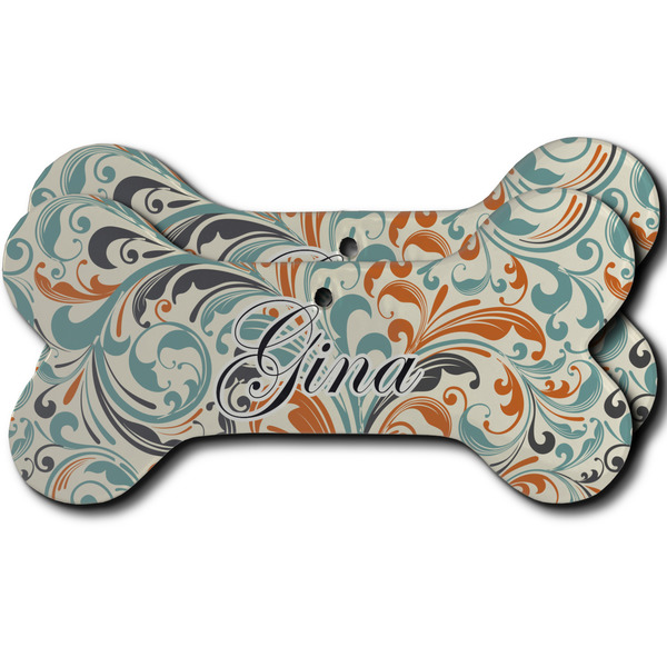 Custom Orange & Blue Leafy Swirls Ceramic Dog Ornament - Front & Back w/ Name and Initial