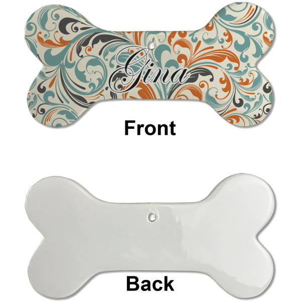 Orange & Blue Leafy Swirls Ceramic Flat Ornament - Bone Front & Back Single Print (APPROVAL)