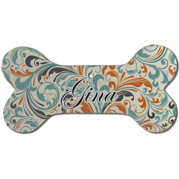 Custom Orange & Blue Leafy Swirls Ceramic Dog Ornament - Front w/ Name and Initial