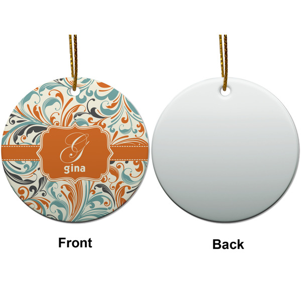 Orange & Blue Leafy Swirls Ceramic Flat Ornament - Circle Front & Back (APPROVAL)