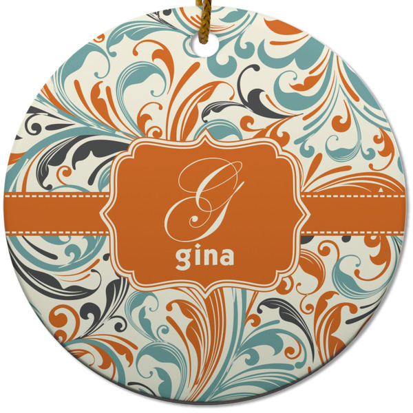 Custom Orange & Blue Leafy Swirls Round Ceramic Ornament w/ Name and Initial