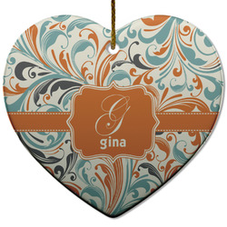 Orange & Blue Leafy Swirls Heart Ceramic Ornament w/ Name and Initial