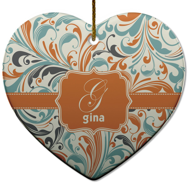 Orange & Blue Leafy Swirls Ceramic Flat Ornament - Heart (Front)