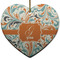 Orange & Blue Leafy Swirls Ceramic Flat Ornament - Heart (Front)
