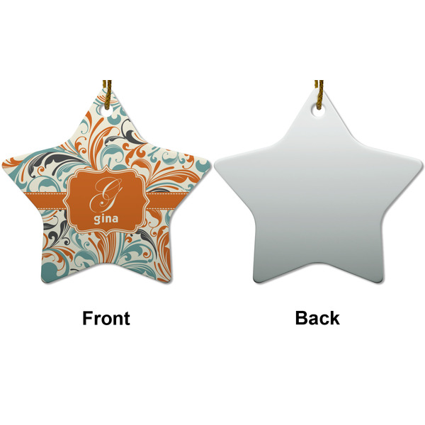 Orange & Blue Leafy Swirls Ceramic Flat Ornament - Star Front & Back (APPROVAL)