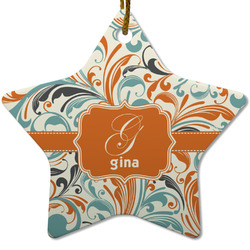 Orange & Blue Leafy Swirls Star Ceramic Ornament w/ Name and Initial