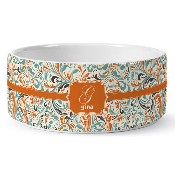 Custom Orange & Blue Leafy Swirls Ceramic Dog Bowl - Large (Personalized)