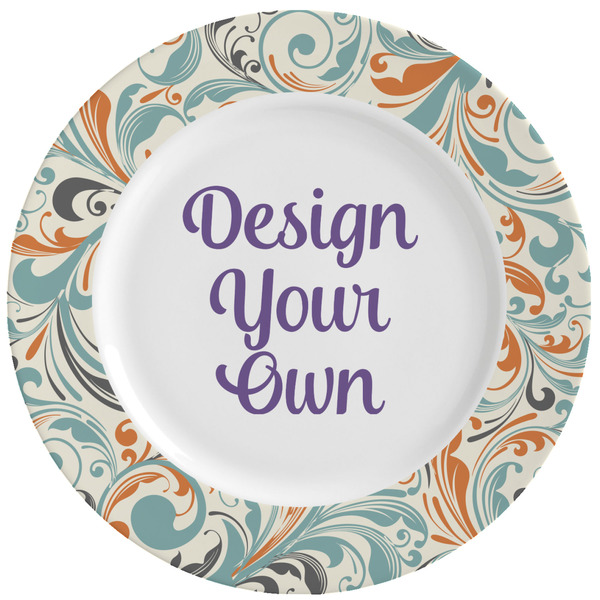 Custom Orange & Blue Leafy Swirls Ceramic Dinner Plates (Set of 4) (Personalized)