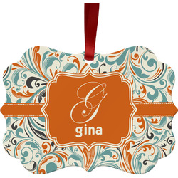 Orange & Blue Leafy Swirls Metal Frame Ornament - Double Sided w/ Name and Initial