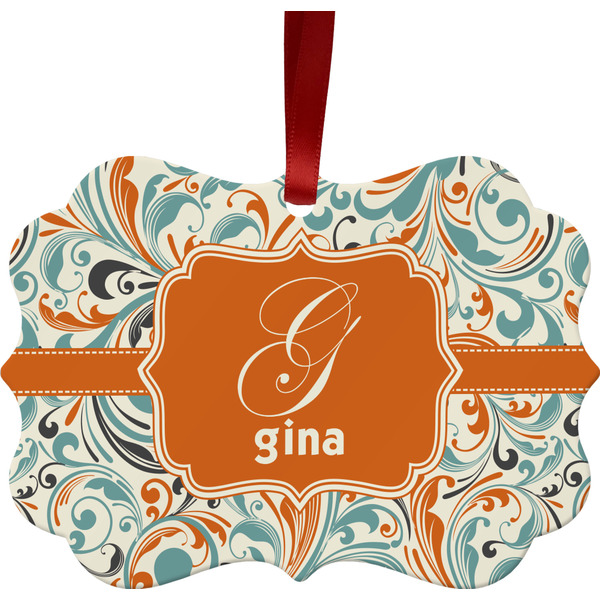 Custom Orange & Blue Leafy Swirls Metal Frame Ornament - Double Sided w/ Name and Initial