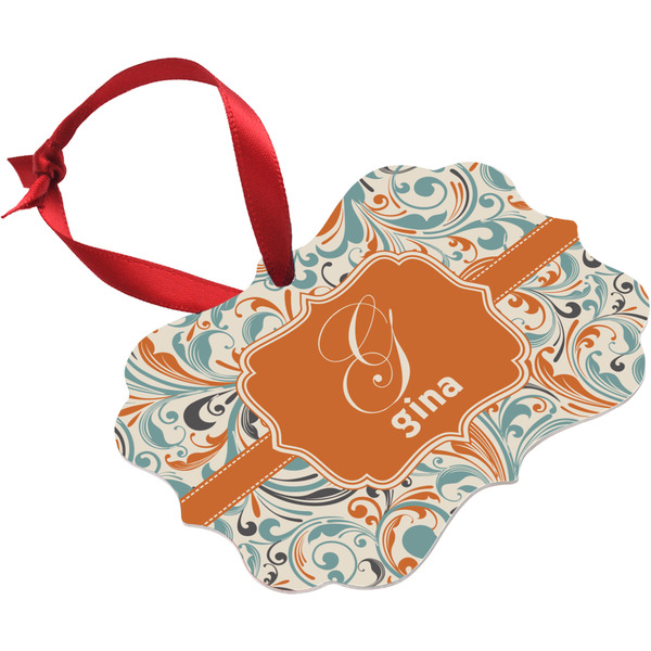 Orange & Blue Leafy Swirls Christmas Ornament