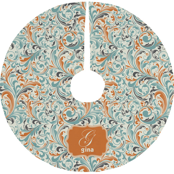 Custom Orange & Blue Leafy Swirls Tree Skirt (Personalized)