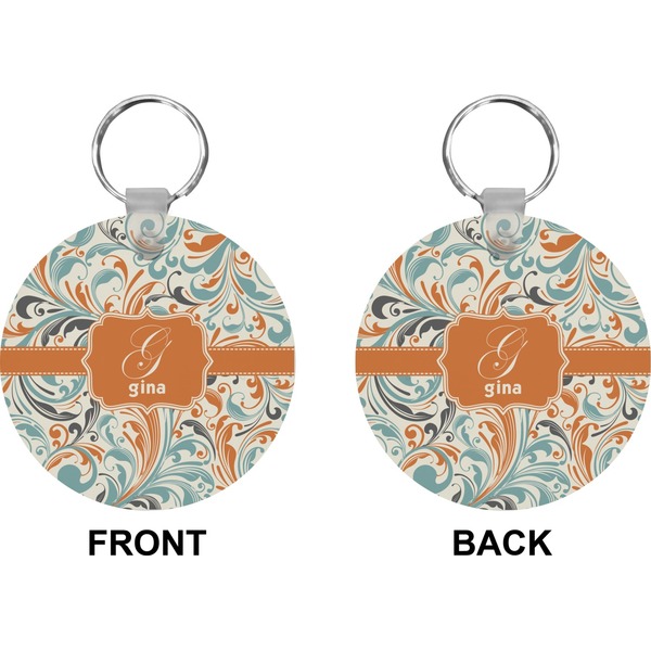 Orange & Blue Leafy Swirls Circle Keychain (Front + Back)