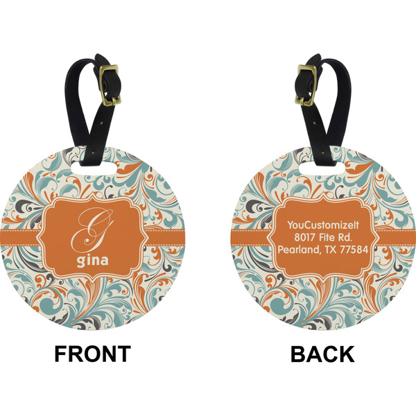 Orange & Blue Leafy Swirls Circle Luggage Tag (Front + Back)