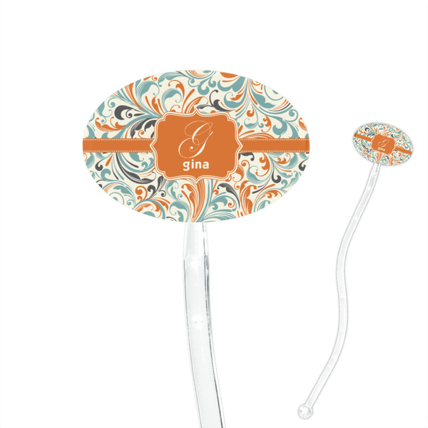 Custom Orange & Blue Leafy Swirls 7" Oval Plastic Stir Sticks - Clear (Personalized)