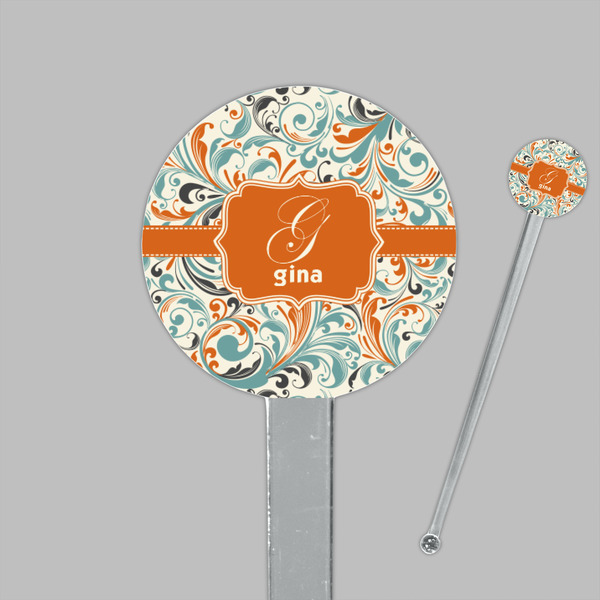 Orange & Blue Leafy Swirls Clear Plastic 7" Stir Stick - Round - Closeup