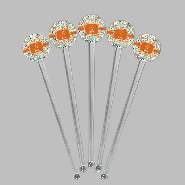 Orange & Blue Leafy Swirls Clear Plastic 7" Stir Stick - Round - Fan View